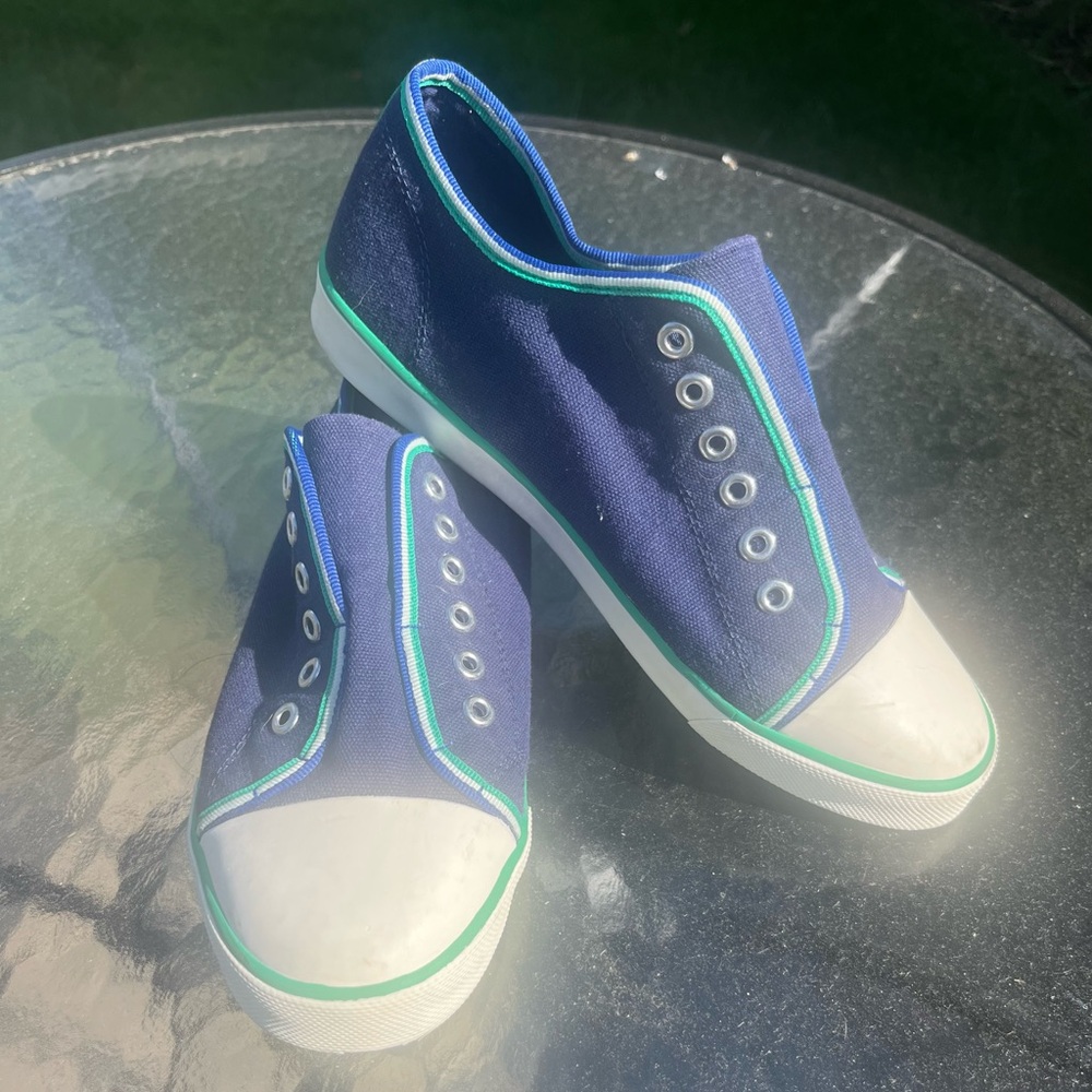 Mini Boden 38 EU US KIDS 6 Slip-On Blue Green & White Sneakers w/ White Toe Cap